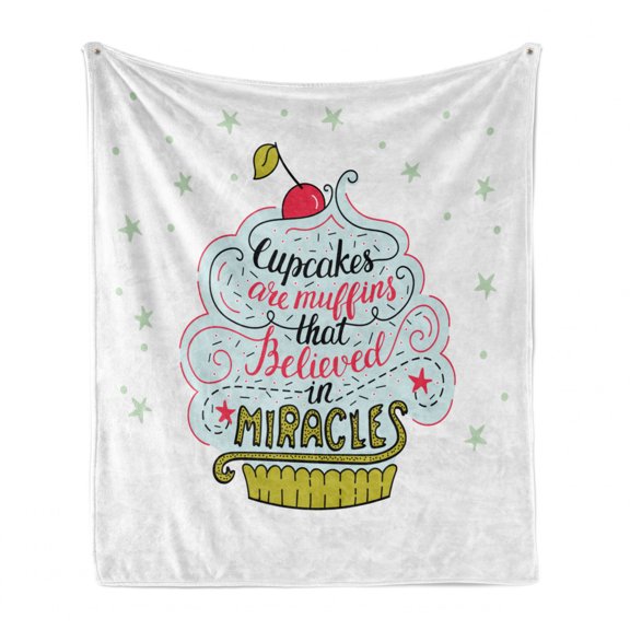 Funny Words Soft Flannel Fleece Throw Blanket, Cupcake Motif with Cherry on Top Believe in Miracles Phrase Bakery Theme, Cozy Plush for Indoor and Outdoor Use, 50" x 70", Multicolor, by Ambesonne