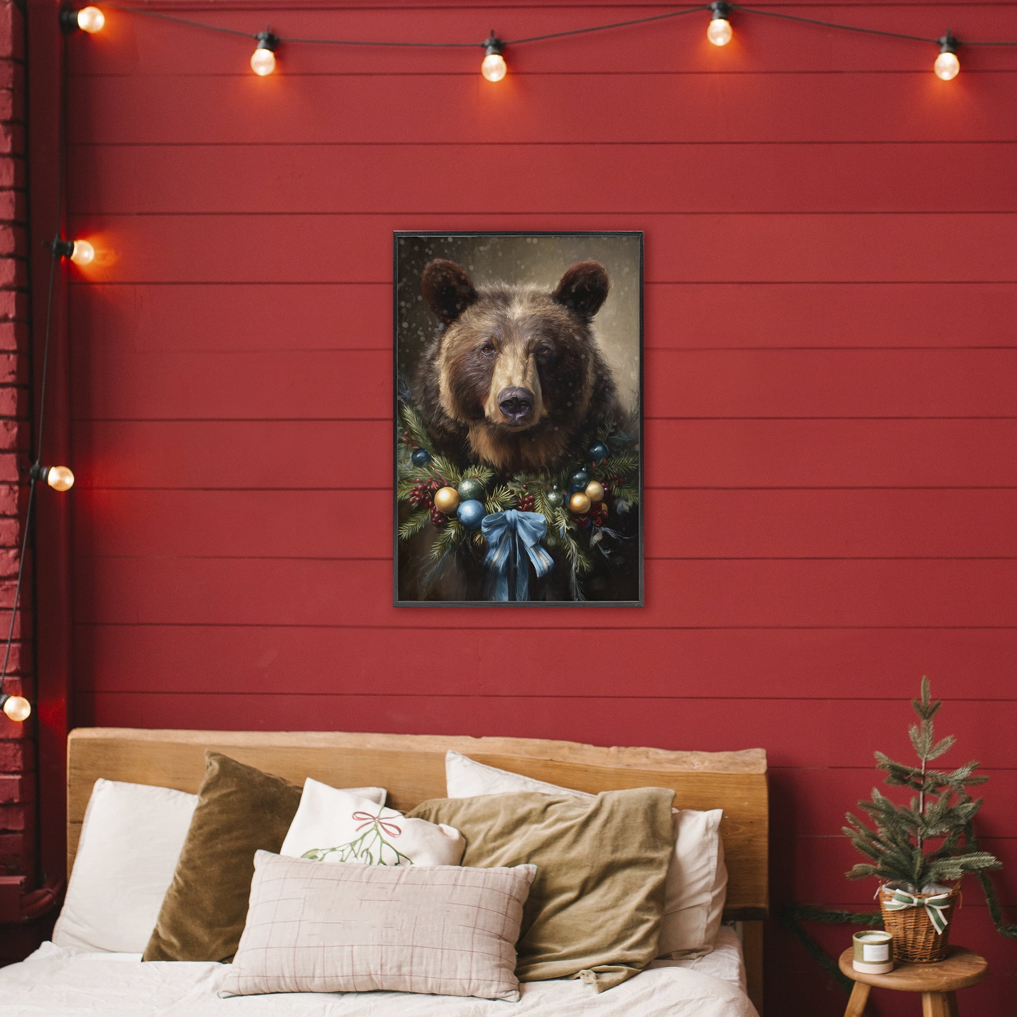 Stupell Industries Christmas Grizzly with Wreath Black Framed Giclee Art, design by Tina LeCour