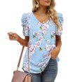 thumbnail image 4 of USSUMA T-Shirts for Women Trendy Floral Marble Print Women's Shirts and Blouses Puff Sleeve Female Tops Dressy Casual Summer Ruched Elegant V Neck Plus Tunics Beach, 4 of 8