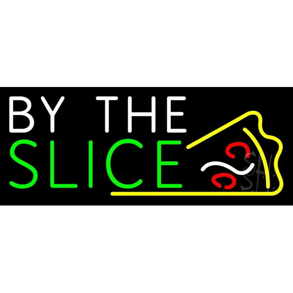 By The Slice Logo LED Neon Sign 13 x 32 - inches, Black Square Cut Acrylic Backing, with Dimmer - Bright and Premium built indoor LED Neon Sign for restaurant window and interior decor.