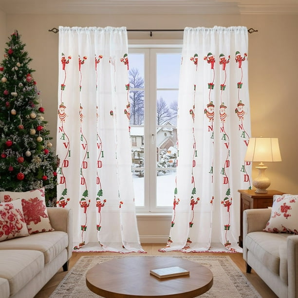 Cortinas navideñas | Mosquitera bordada con Papá Noel | Tela de poliéster blanca de 213 x 130 cm | Cortinas térmicas que bloquean la luz | Decoración navideña para ventanas