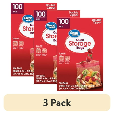 (3 pack) Great Value Fresh Seal Double Zipper Storage Bags, Quart, 100 Count