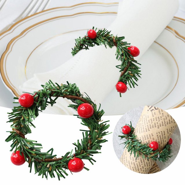 Décoration de Noël Anneau de Serviette Aiguille Fruit Rouge Hôtel Maison Boucle de Serviette Couronne de Noël Napperons Ronds pour Table Napperons de Salle à Manger d'Intérieur Napperons pour Tables d'Appoint Napperons de Table de Dîner Napperons Ronds en Liège d'Intérieur