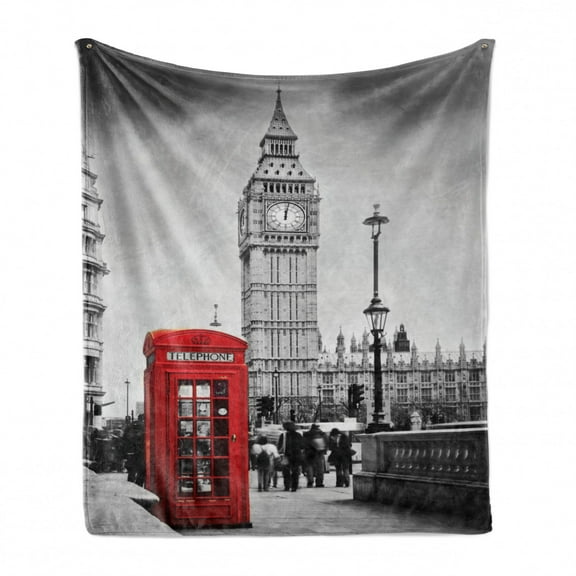 London Soft Flannel Fleece Throw Blanket, Famous Telephone Booth and the Big Ben in England Street View of Town Retro, Cozy Plush for Indoor and Outdoor Use, 60" x 80", Red Grey, by Ambesonne