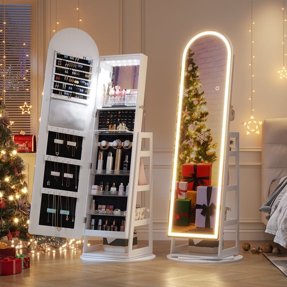 VKCC LED Arched Mirror Jewelry Cabinet Standing,360°Swivel Full-Length Mirror with Storage,Lockable Jewelry Armoire,White