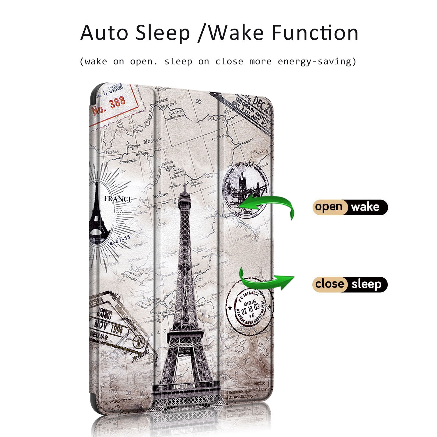 Allytech iPad 10.2 Case with Pencil Holder, iPad 8th 7th Generation Case Cover, Ultra Slim Folding Stand Smart Shell Auto Sleep Wake Shockproof TPU Back Cover for Apple iPad 10.2, Eiffel Tower