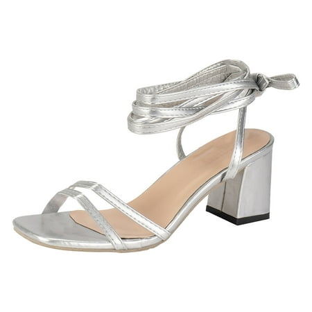 

Daznico Sandals Women Ladies Summer Strappy Solid Colour Square Toe Thick High Heel Elegant Roman Style Large Size Sandals Orthopedic Sandals for Women(Color:Silver Size:US 6.5)