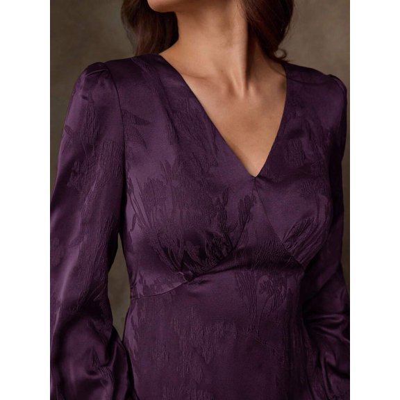 Purple Satin Jacquard V-Neck Wrap Maxi Dress With Puffed Sleeves