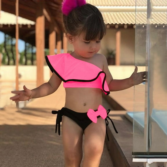 Girls Swimwear Toddler One Shoulder Bathing Suit with Ruffles Bowknot Two Piece Design for Summer Beach