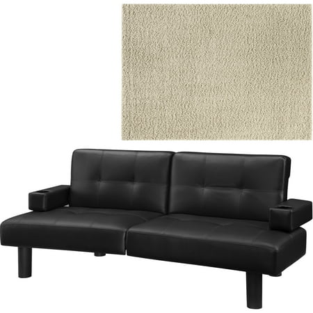 Tan Leather Shag - Mainstays Connectrix Faux Leather Futon, Multiple Colors with Mainstays Manchester Shag Area Rug or Runner Bundle