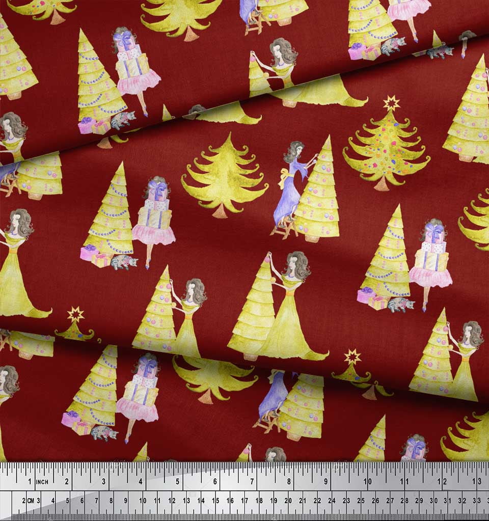 Soimoi Red Georgette Viscose Fabric Women,Gift Box & Tree Christmas Fabric Prints By Yard 42 Inch Wide