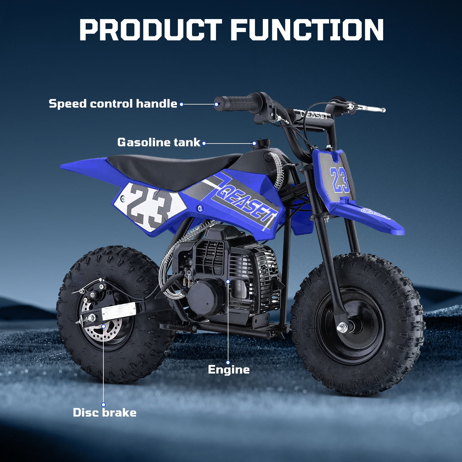 QEASET Mini Off-Road Dirt Bike, 49 CC 2-Stroke Gas Bike with Off-Rode Tire, Suspensions, Disc Brakes, Max Load 160Lbs, Max Speed 18Mph, Blue