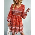 thumbnail image 5 of Liacowi Women Boho Mini Dress Flower Print V Neck Long Sleeve Flowy Dress Elastic Waist Short Dress, 5 of 7