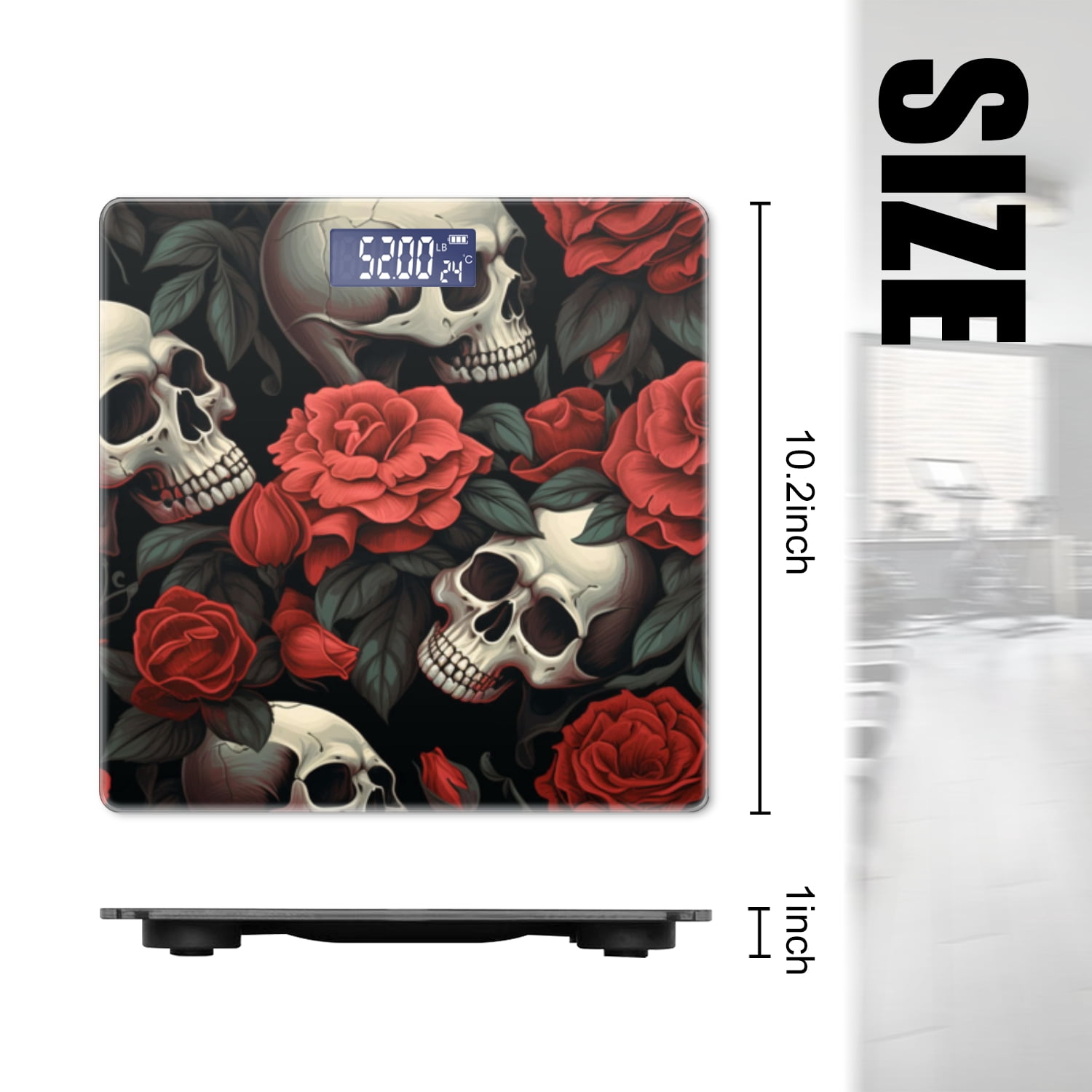 High Precision Body Weight Scale Smart Bathroom Scales with Large LCD Display(400lbs),Decorative for Bedroom-Skulls And Red Roses In The Style Of Vector Art
