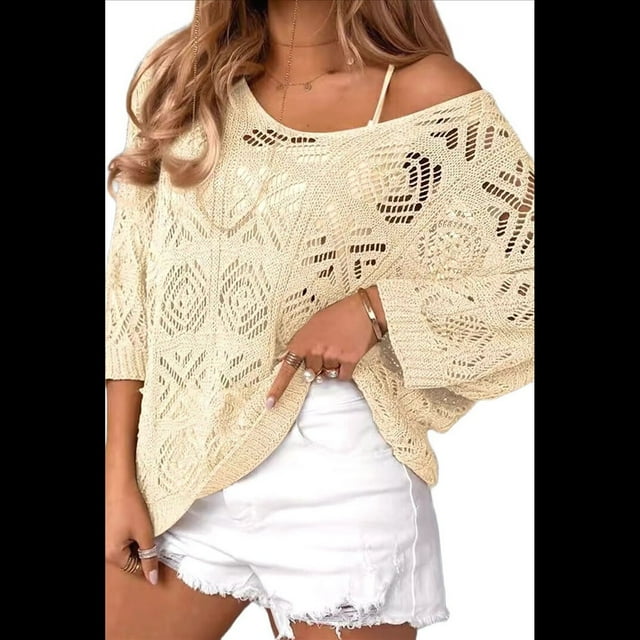 Suéter de Crochet Calado para Mujer, 3/4, Hombros Descubiertos, Verano 2025 Albaricoque M