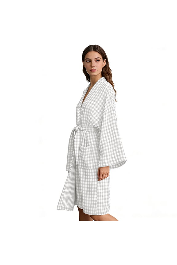 Women's Cotton Gauze Lightweight Summer Plaid Kimono Bath Robe Pockets
