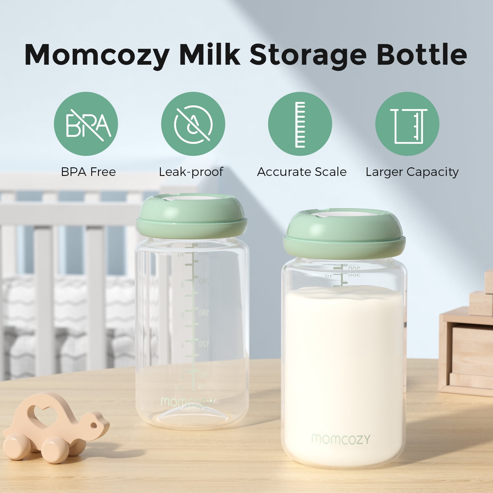 Momcozy Natural Baby Bottle, 11oz Wide-Neck Breast Milk Container, BPA-Free Plastic, Compatible with Momcozy Breast Milk Cooler