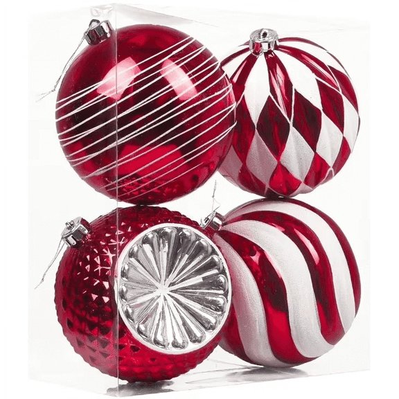 Valery Madelyn 4ct 5.9" Christmas Ornaments, Red White Christmas Ball Ornaments for Holiday Party Decor