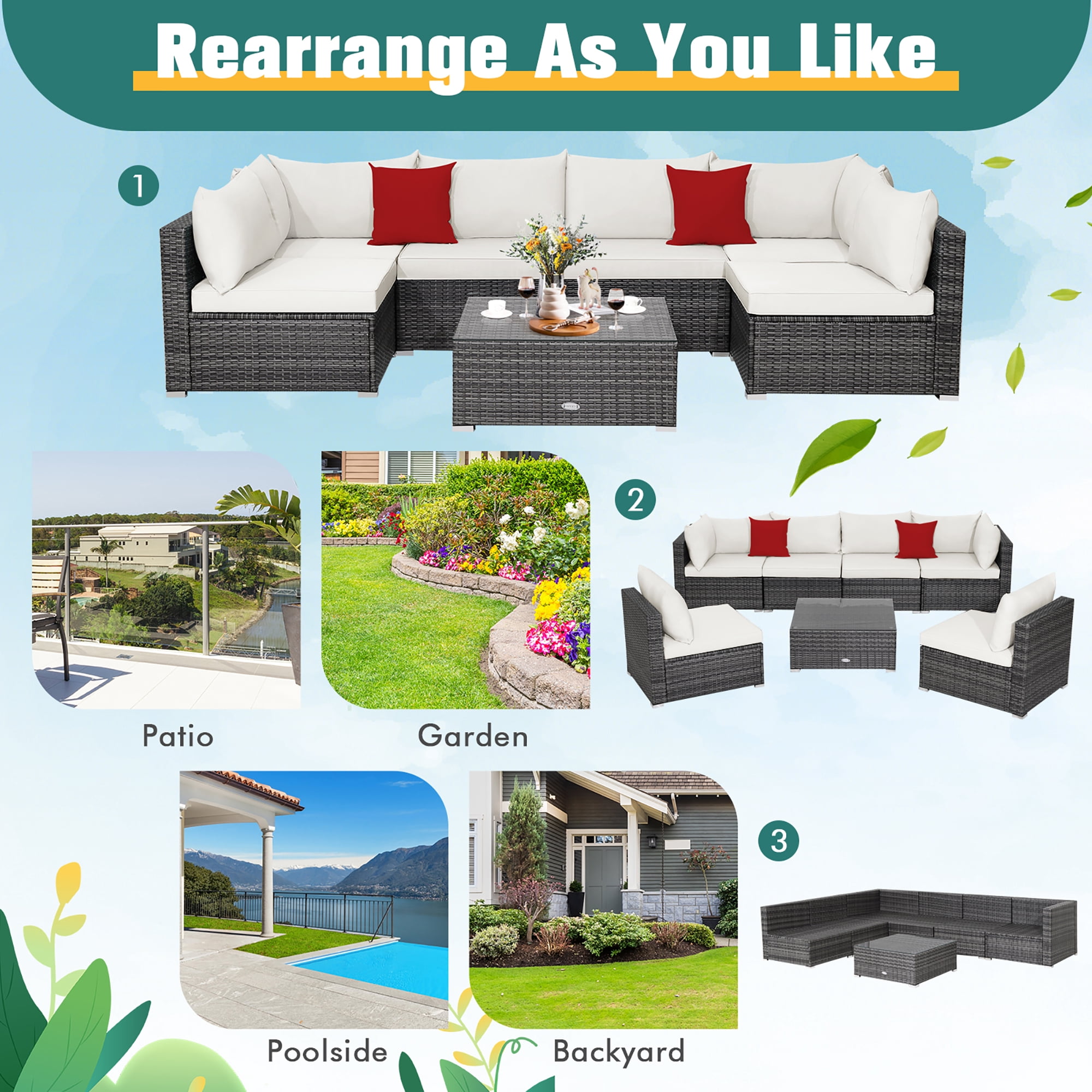 Costway 7PCS Patio Rattan Furniture Set Sectional Sofa Cushioned Off White