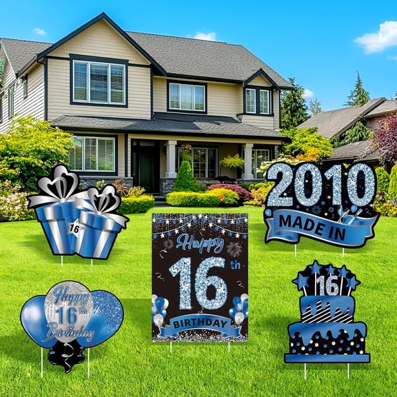 5Pcs Navy Blue 16th Birthday Yard Signs for Boys, Happy 16 Years Old Birthday, Made in 2010, Lawn Sign with Stakes, Party Decorations, Outdoor Anniversary Decor, Party Supplies