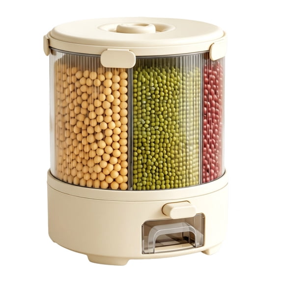 Yucurem 6-Compartment Grain Dispenser, 360° Rotating Storage Container with Sealed Lid, 25 Lbs Airtight Storage Bucket for Grains, Beans, Rice, Peanut (Beige)