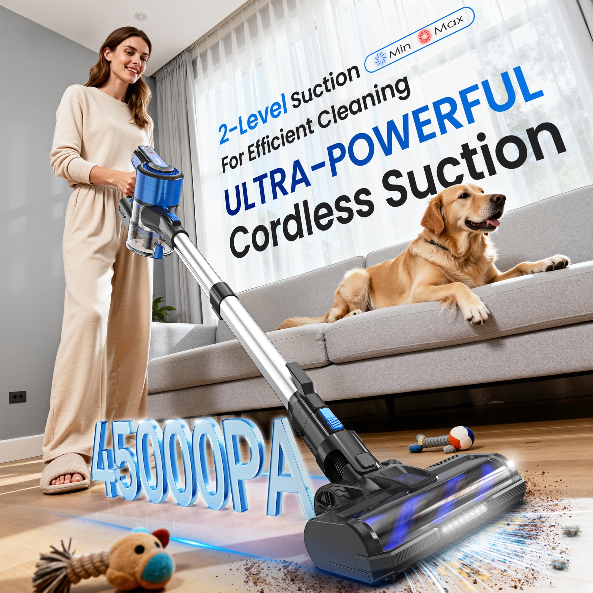 Cordless Vacuum Cleaner, 8 in 1 Powerful Stick Handheld Vacuum, 45Kpa Vacuum Cleaner, 60min Runtime, Lightweight Brushless Stick Vacuum for Hard Floor Carpet Pet Hair by POWEART