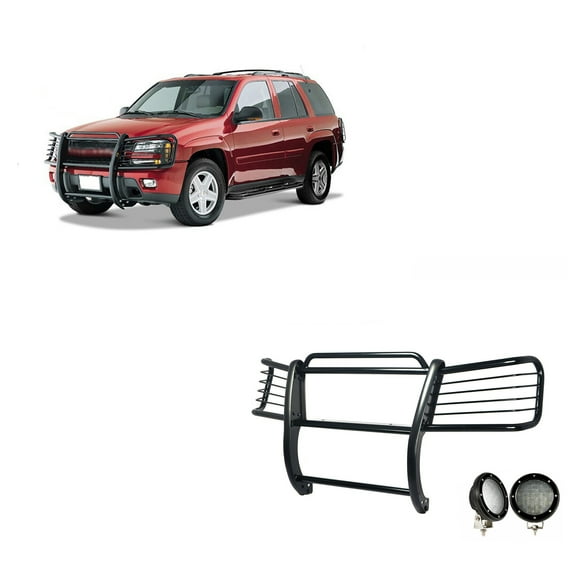 Black Horse Grille brush Bumper Guard Modular Black Come with Pair of 5.3" Dia.LED Lights with Black Trim Rings Compatible with 2002-2009 Trailblazer|2002-2006 Trailblazer EXT-17GK26MA-PLFB