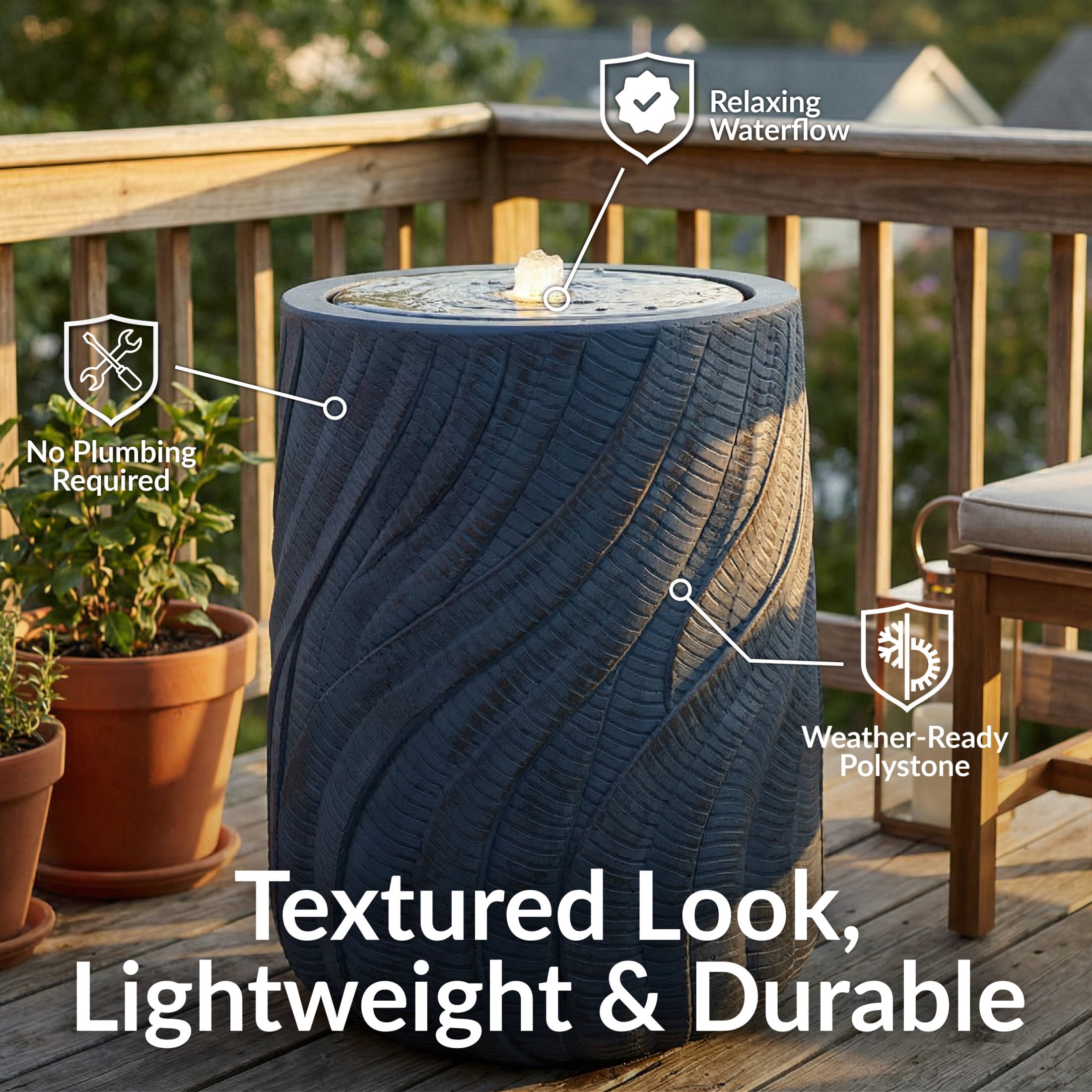 Sunnydaze Textured Spiral Blue Outdoor Bubble Fountain, LED Light