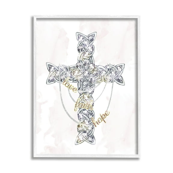 Stupell Industries Love Faith Hope Sentiment Glam Design Cross Religious Painting White Framed Art Print Wall Art, 11 x 14