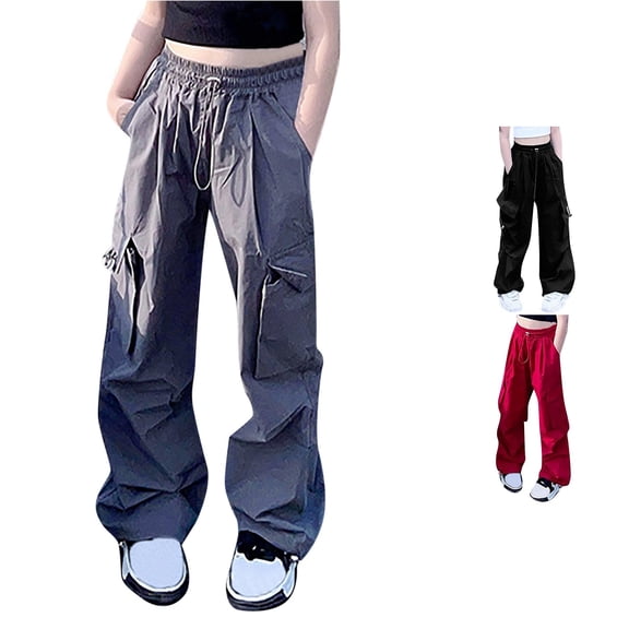 CUZIBR Girls Solid Color Cargo Pants Elastic Drawstring Waist Big Side Pockets Adjustable Loose Wide Leg Kids Streetwear Trousers,Grey,7-8 Years