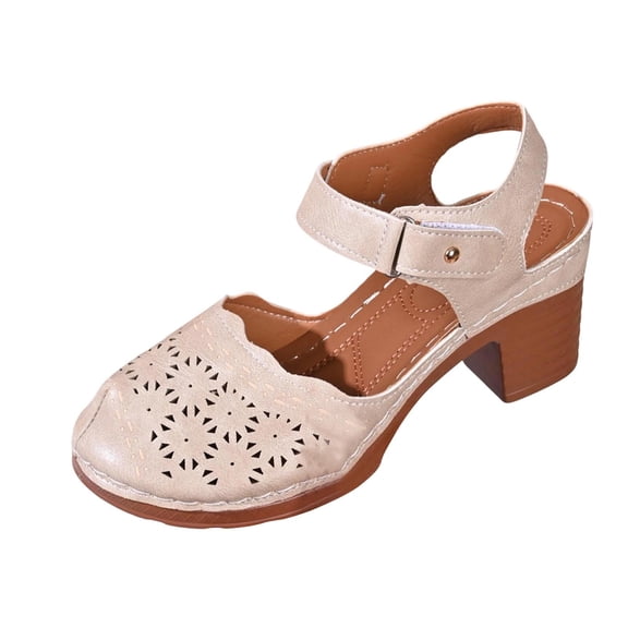 HomeDM Women's Chunky Block Heels Sandals Round Closed Toe Work Pumps Shoes Ankle Strap Office Party Wedding Dress Shoes, Beige Size 9.5