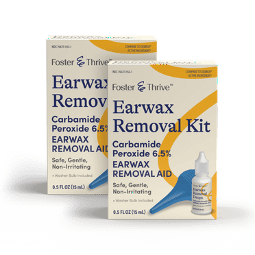 Foster & Thrive Earwax Removal Kit, Softens & Loosens Excess Earwax, Safe, Gentle and Non-Irritating, Carbamide Peroxide 6.5%, Includes Drops and Ear Syringe Bulb, 0.5 Oz Pack of 2