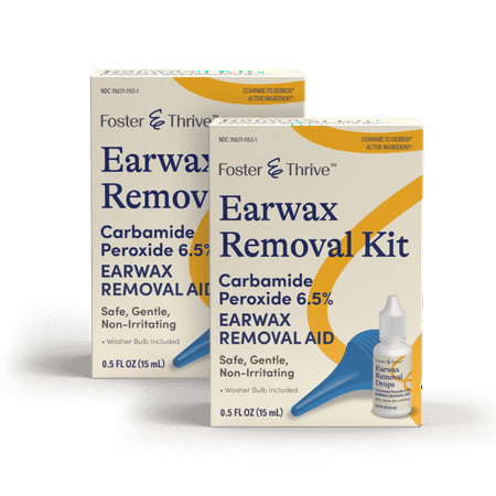 Foster & Thrive Earwax Removal Kit, Softens & Loosens Excess Earwax, Safe, Gentle and Non-Irritating, Carbamide Peroxide 6.5%, Includes Drops and Ear Syringe Bulb, 0.5 Oz Pack of 2