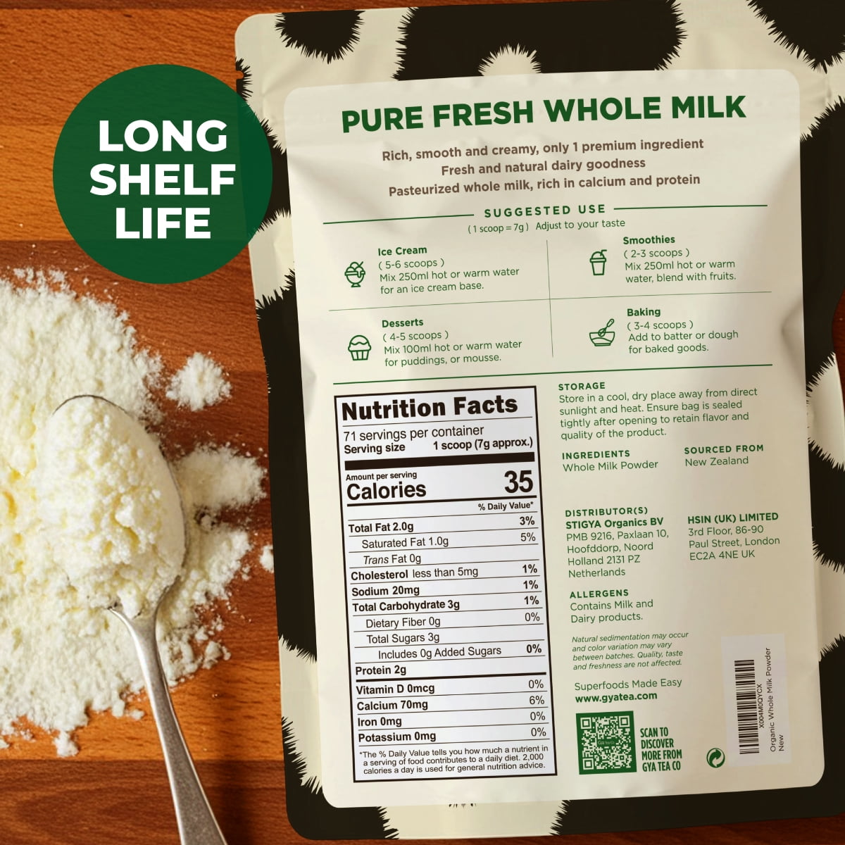 Gya Tea Co Whole Milk Powder - 1.1lb (17.64 Oz) - Pasture Raised Source, Non-GMO, Gluten Free - Shelf Stable Premium Grade Powdered Milk for Baking, Cooking, Smoothies - Rich in Protein & Calcium