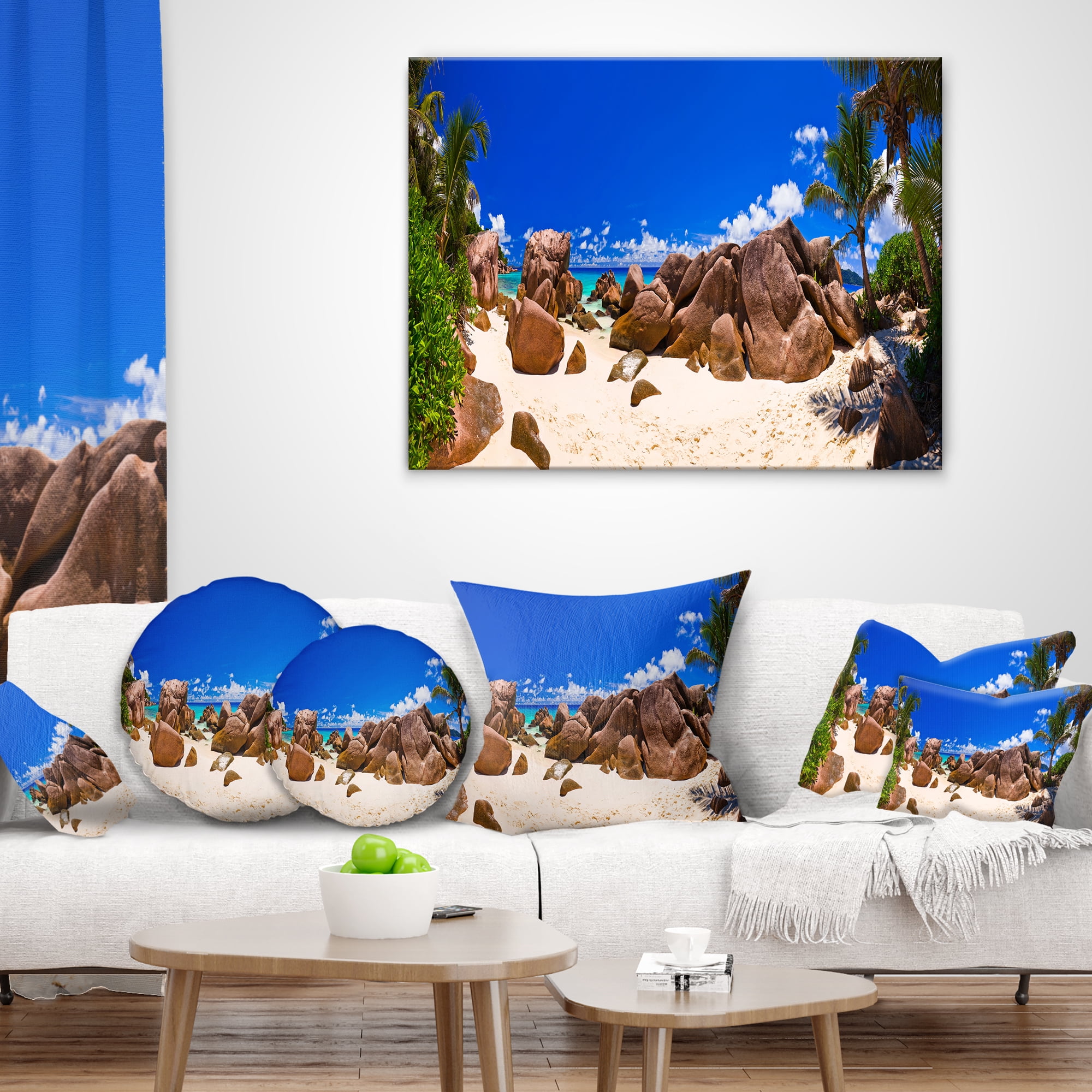 Designart Rocky Tropical Beach Panorama - Landscape Photography Throw Pillow - 18x18