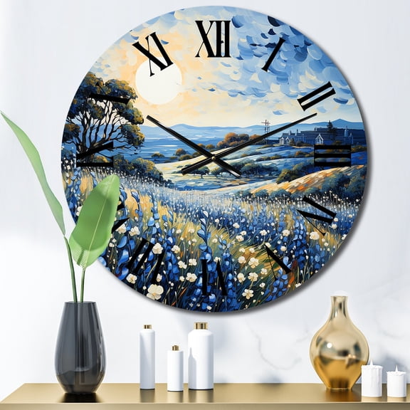 Designart "Blue Bonnets landscape Pointillism I" Floral Oversized Wall Clock