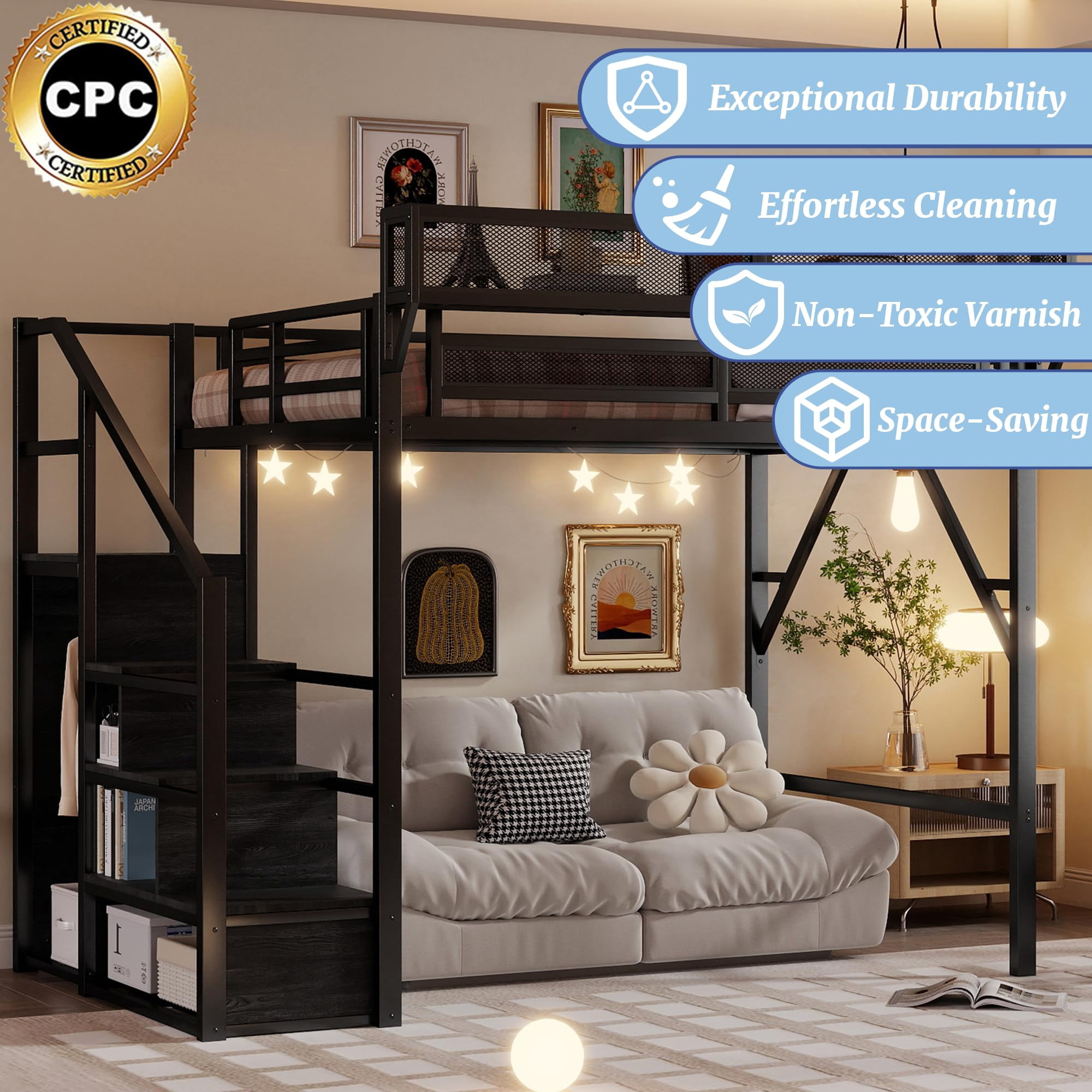 Mirightone Full Size Loft Bed with Stairs, Metal Loft Beds Full with Storage Shelves, Adults Loft Bed with Wardrobe, Heavy Duty High Lofted Bed,Convertible Staircase, All black
