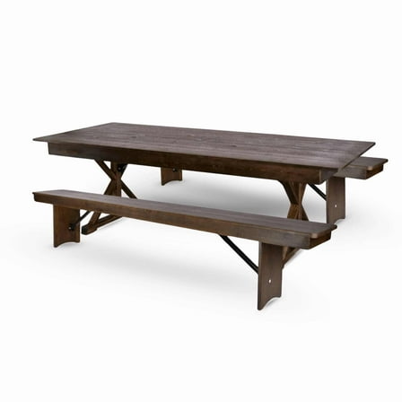 Fruitwood X-Leg Farm Table Dining Set with 2 Benches by Chivari
