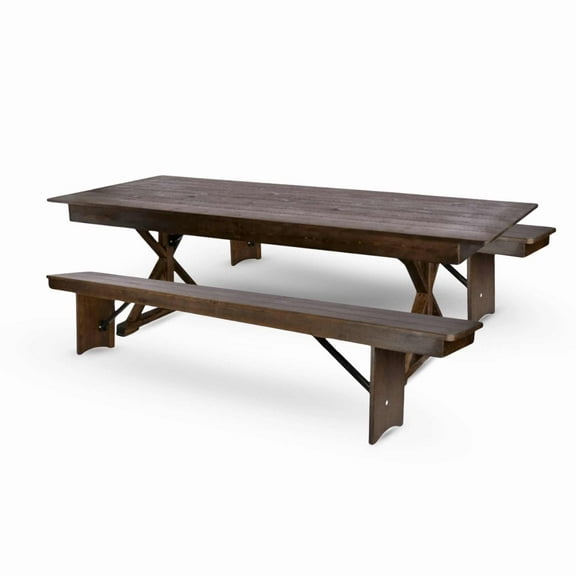 Fruitwood X-Leg Farm Table Dining Set with 2 Benches by Chivari