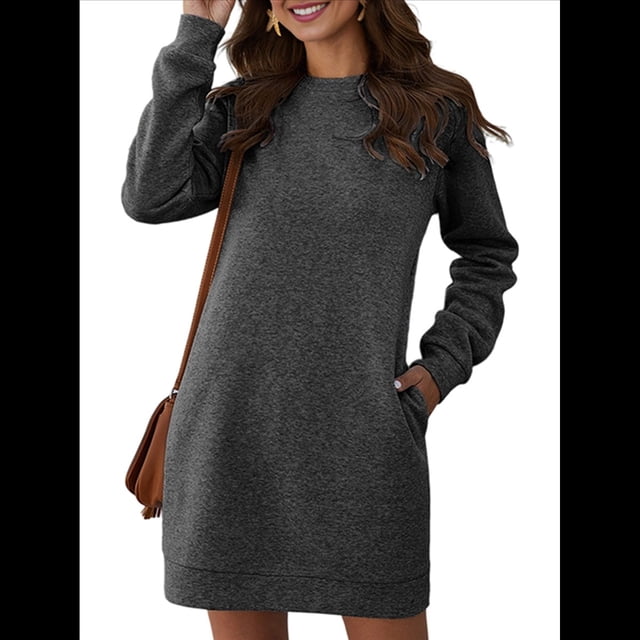 Vestidos para Mujer, Larga, Informales, Holgados, de Otoño, con Cuello Redondo, Minivestido con Bolsillos Gris Oscuro S