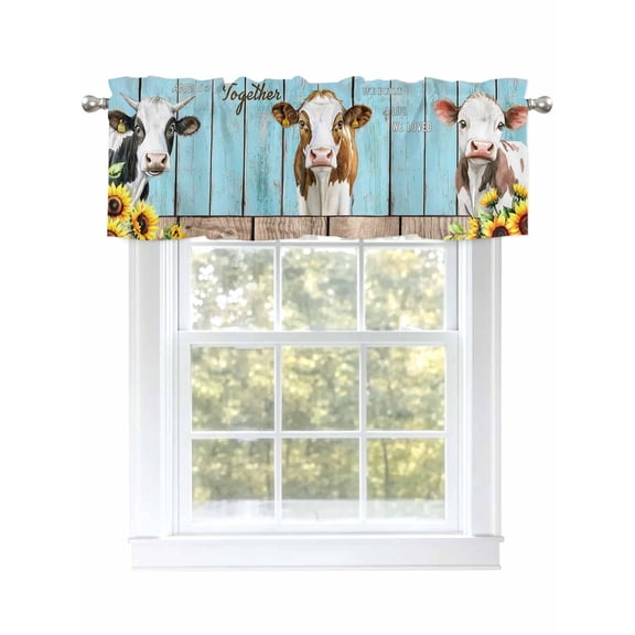 Valance Curtains for Kitchen Windows Farm Cow SunflowerRod Pocket Valance Vintage Blue Wood Board Short Window Curtain Topper for Bedroom Living Room Bathroom 54x18in