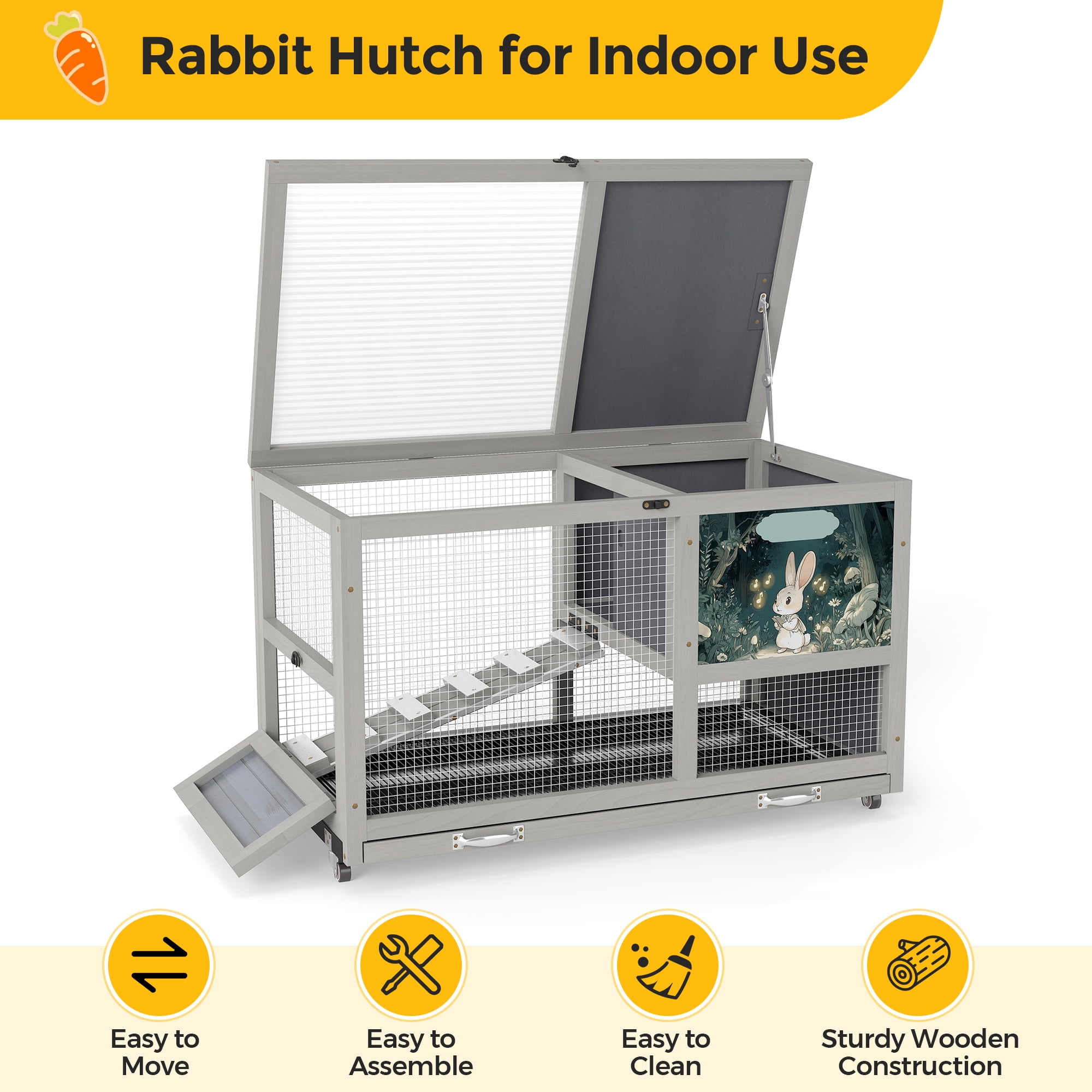 Fashion Wooden 36Inches Rabbit Hutch Outdoor with wheels Bunny Cage Indoor&Pull Out Tray, Openable Roof
