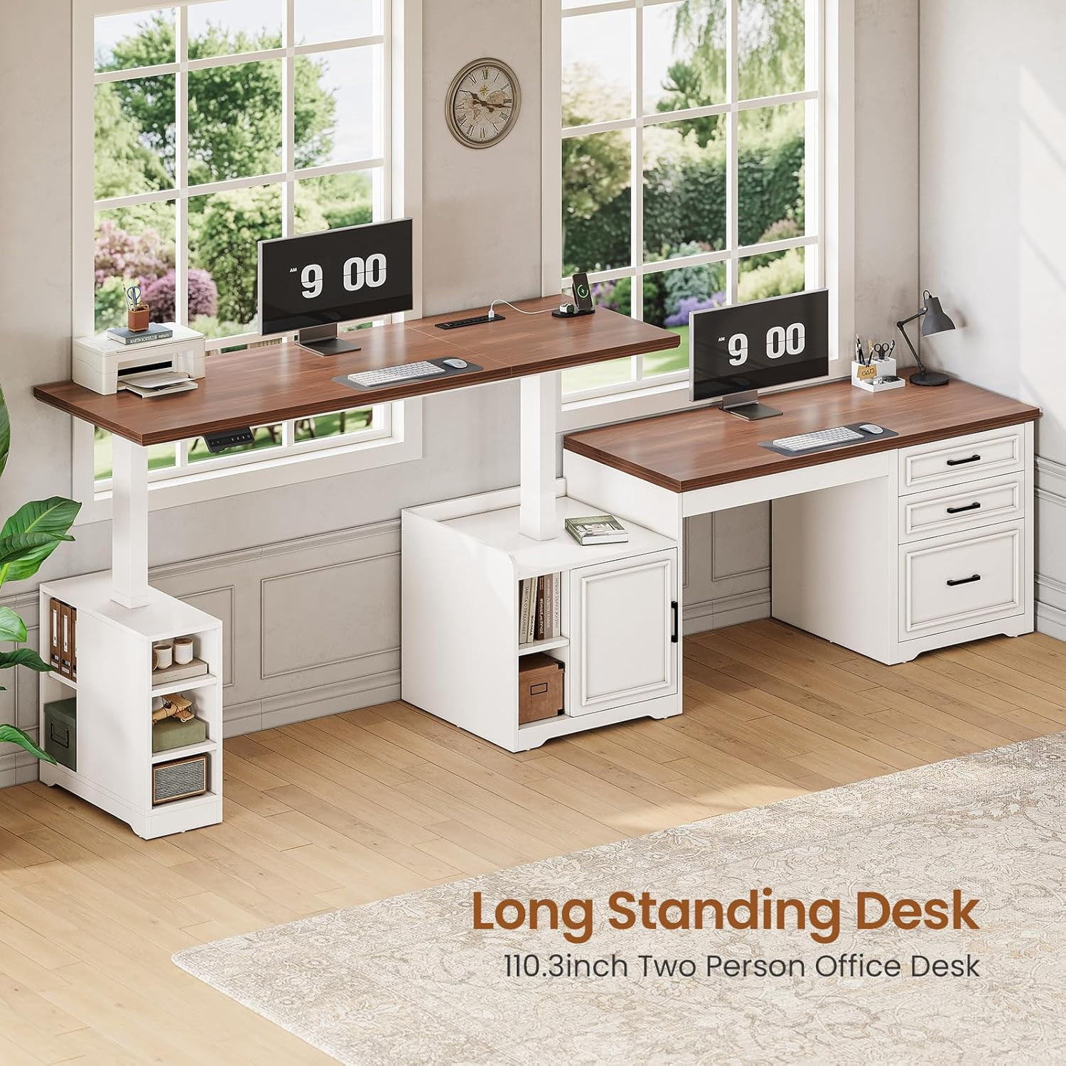 SEDETA Farmhouse Standing Desk with Storage, L Shaped Standing Desk with Power Outlets, Height Adjustable Two Person Desk with Drawers & Cabinet, Large Home Office Desk with Open Shelves, White