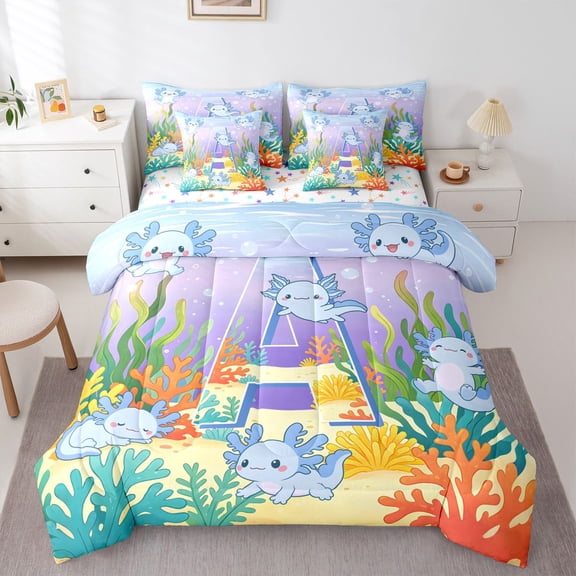 Manfei Initial A Art Twin Bedding,Kawaii Axolotl Bedding Comforter Set For Girls,Blue Purple,Colorful Stars Reversible,7-Piece