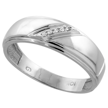 10k White Gold Mens Diamond Wedding Band Ring 0.03 cttw Brilliant Cut, 1/4 inch 7mm wide
