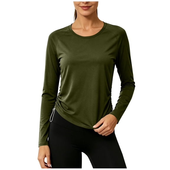 Scyoekwg Fitted Workout Tops for Women Raglan Side Drawstring Athletic Shirts Long Sleeve Slim Running Workout Casual Tee (Army Green,S)