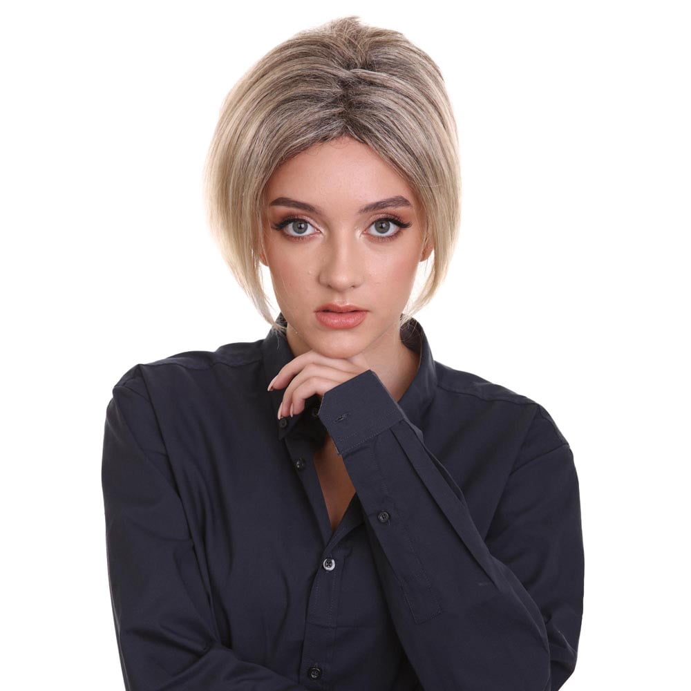 HPO Adult Women's Short Pixie Wig with Blonde Highlights | Light Brown Capless Costume Hair Wig
