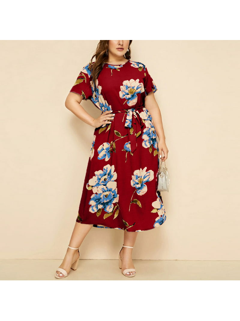 sacerdote Magnético Objetor Bigersell Cute Dresses for Teen Girls Ladies Large Loose Round Neck Short  Sleeve Floral Printed Waist Chiffon Dress Ladies New Summer Dresses Women Skater  Dresses, Style 37182, Red 5XL - Walmart.com
