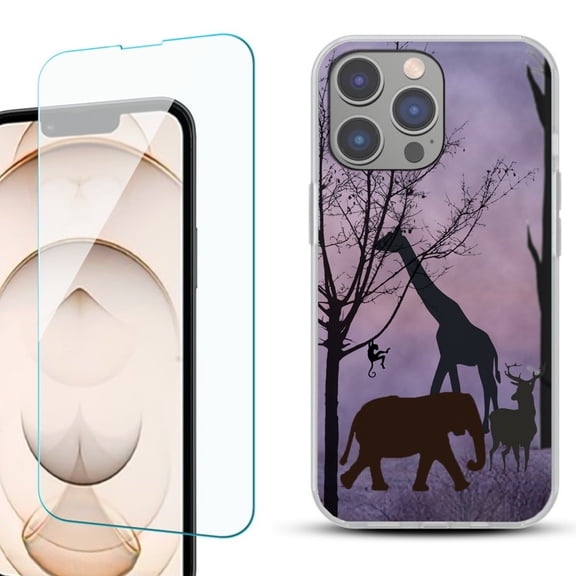 Slim-Fit Gel TPU Phone Case for iPhone 14 Pro, with Tempered Glass Screen Protector, by OneToughShield ® - Twilight Safari