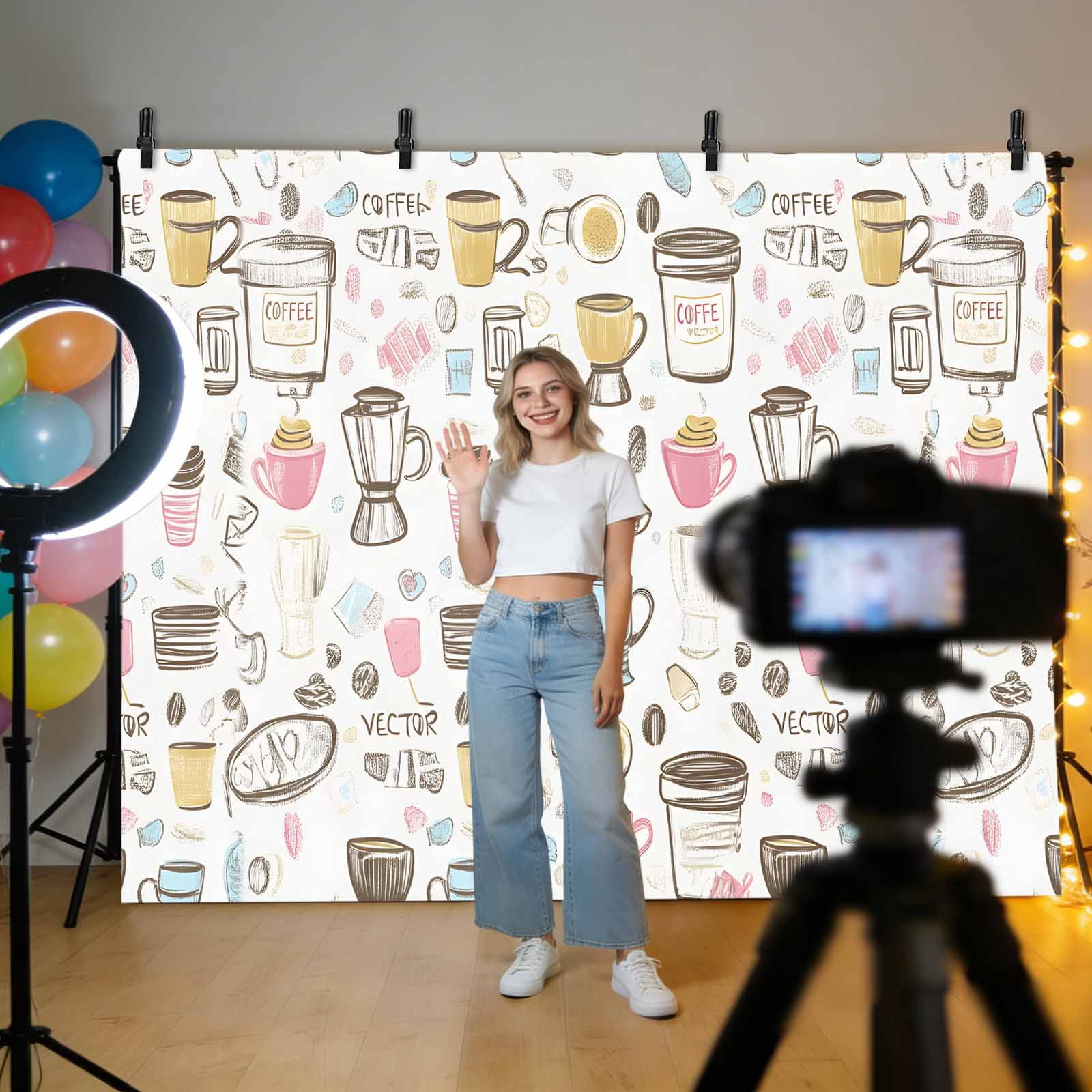 Coffee Backdrop for Photography, Cartoon Modern Hand Painted Photo Backdrop Portrait Background Party Banner Photo Backgrounds for Studio Booth Props, 7x5ft